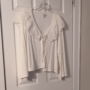 Cato Cream Eyelet Ruffle Tie-Front Sweater